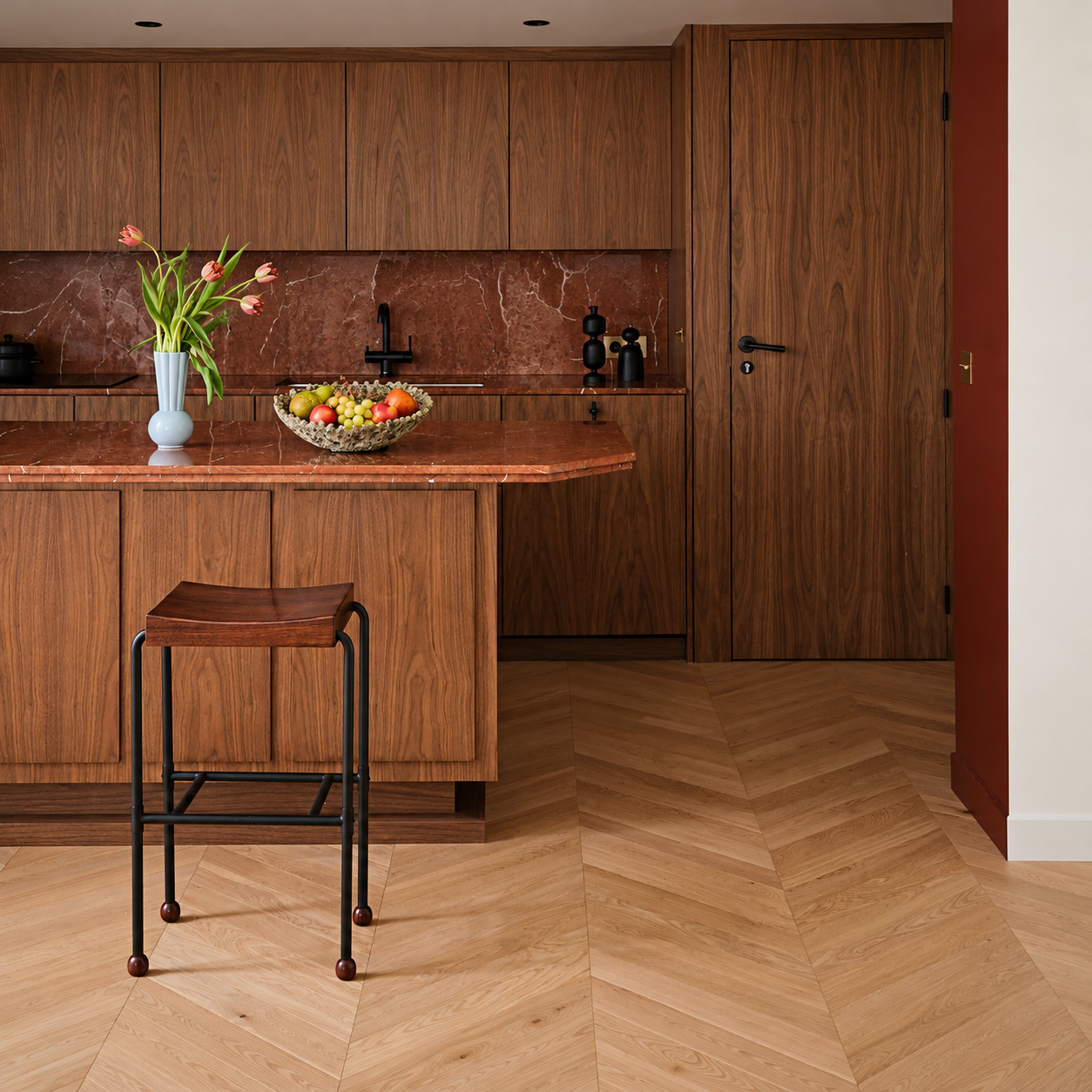 Không gian phòng khách Bắc Âu hiện đại dùng sàn gỗ NOËL Parquet herringbone, màu sắc nguyên bản, chống ẩm vượt trội